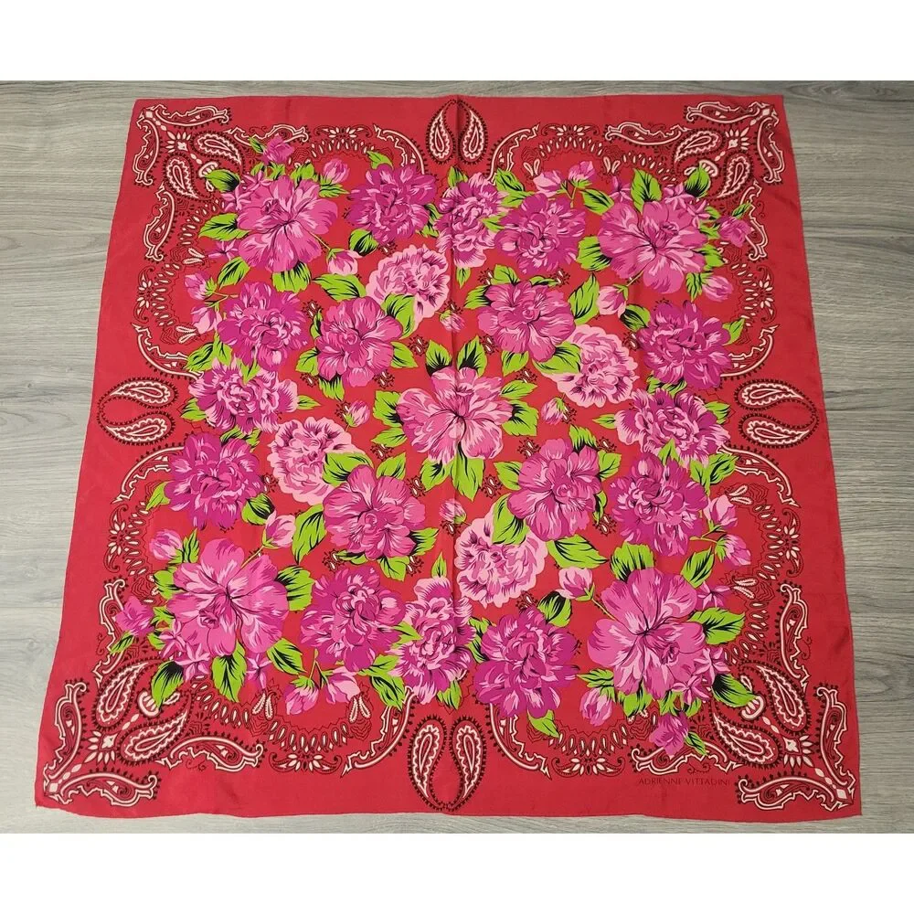 VTG Adrienne Vittadini Red Floral and Paisley Print Square Scarf 100% Silk Japan